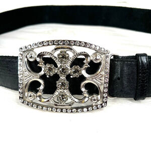Bebe Cross Buckle Black Leather Belt Rhinestone Studded Women's Size S/M